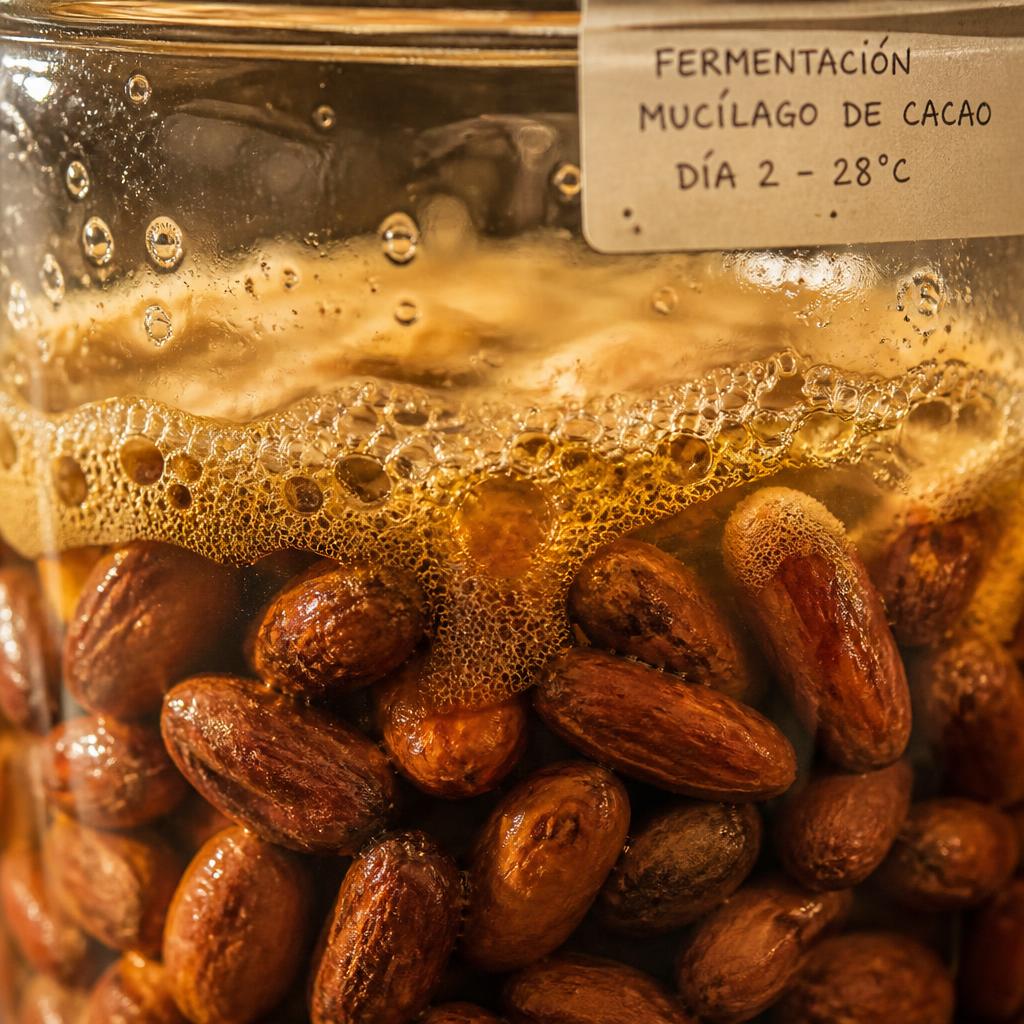 Mucílago de cacao en fermentación dentro de un recipiente de vidrio